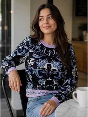 NWT NVLT | Damask Floral Jacquard Crewneck Sweater Black Lilac Blue Sz. Medium